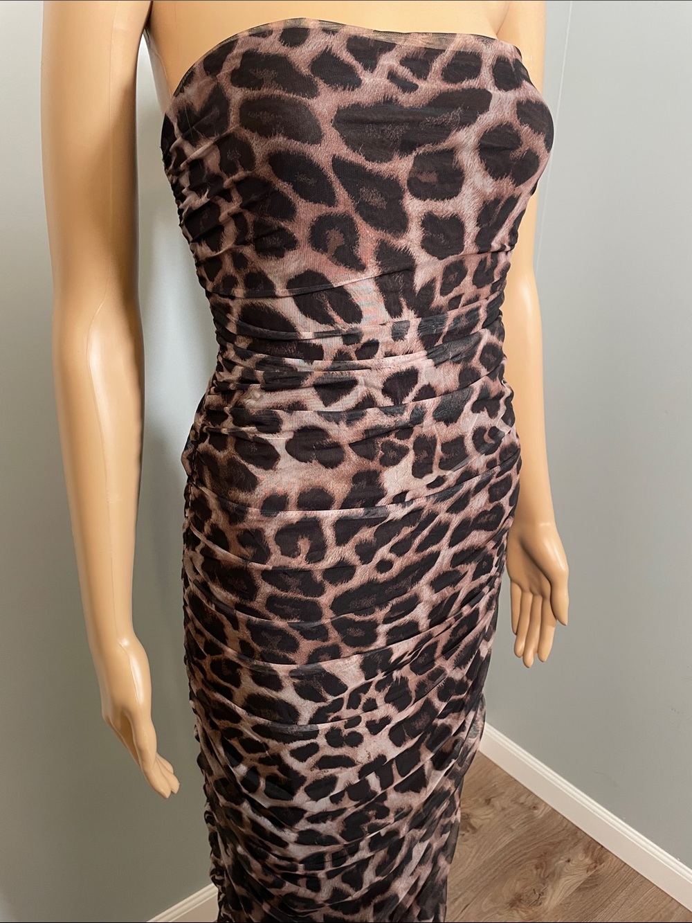 Lena Strapless Leopard Ruched Maxi Dress in Brown - Picture 4 of 7